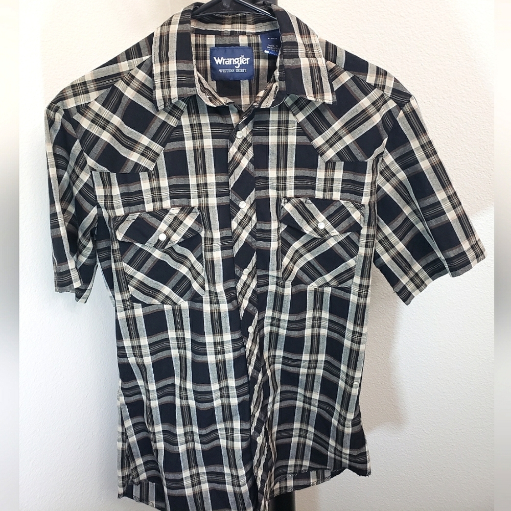 Mens S Wrangler Short sleeve Plaid Button-Up Pearl Snap Shirt